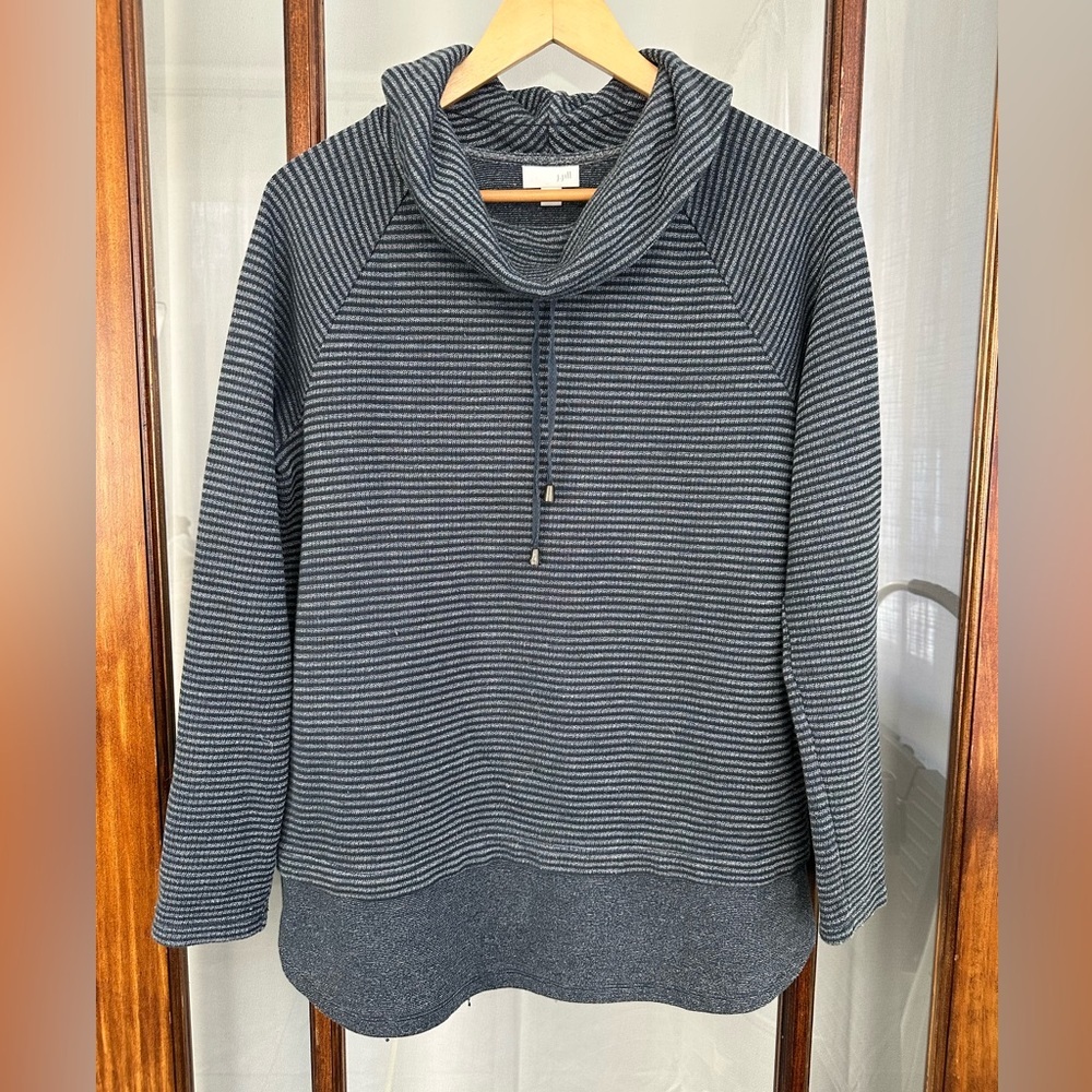 J Jill Gray Blue Stripe Cowl Neck Sweater Pullover Size Small Drawstring Layered